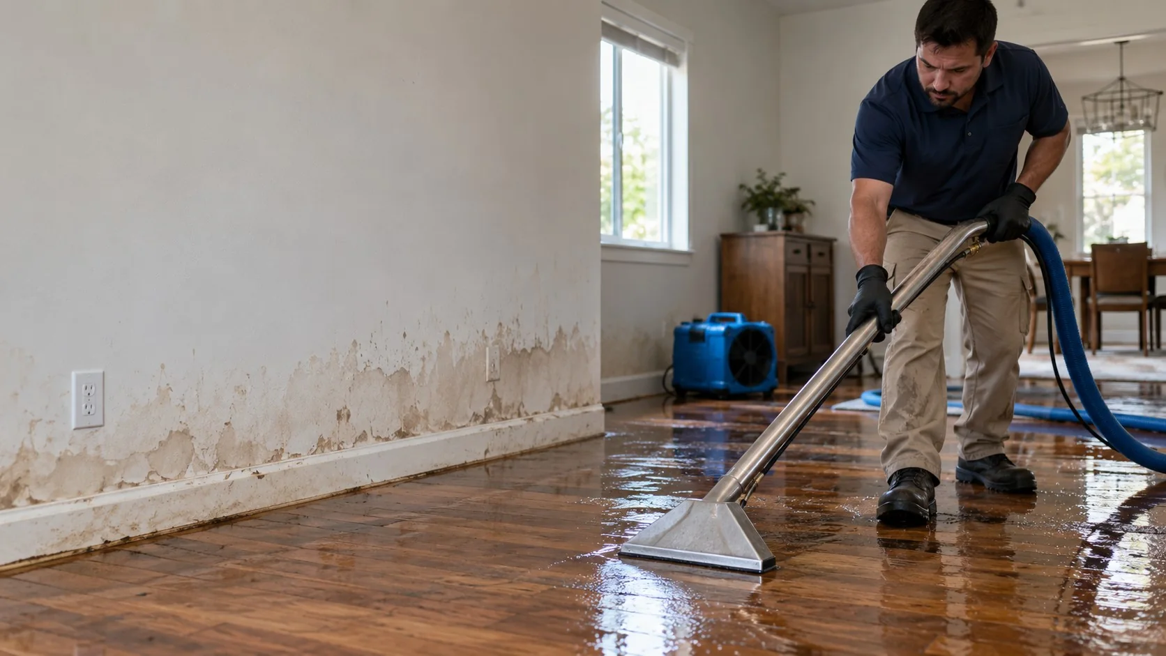 Water restoration technician extracting water from a hardwood floor inside a home
