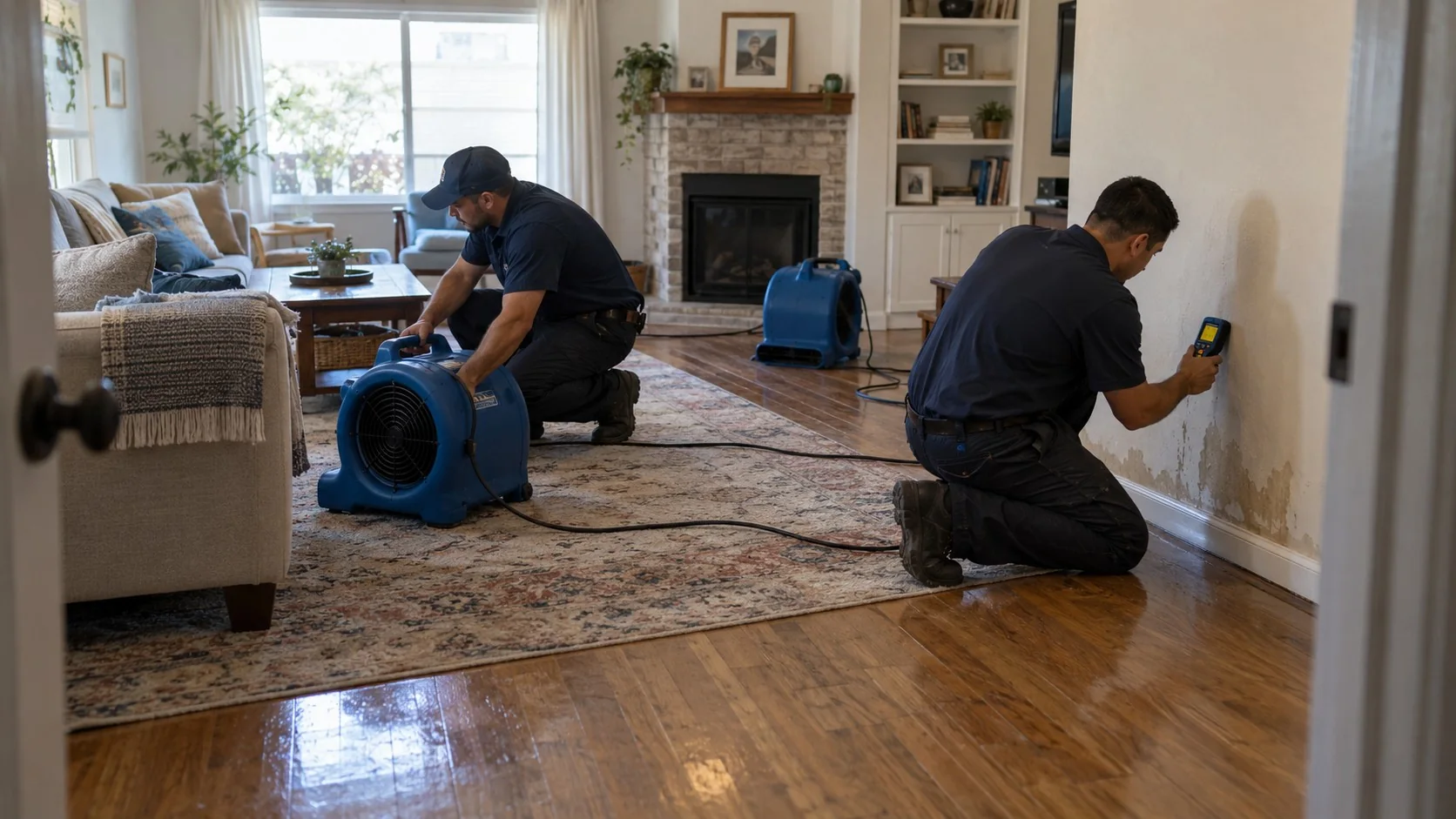Two restoration technicians positioning drying equipment and checking moisture inside a home